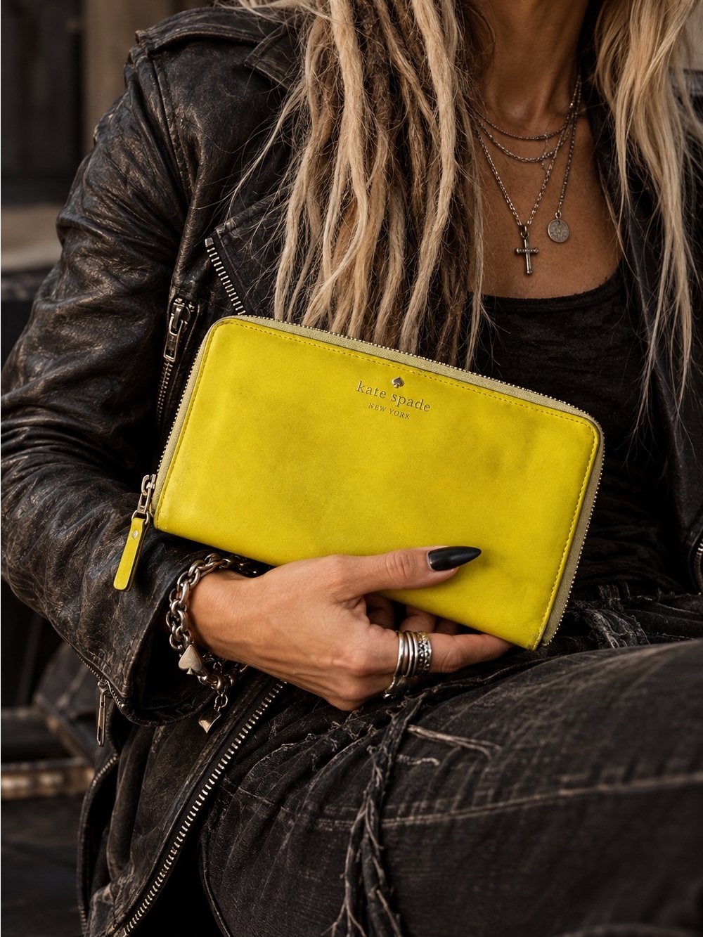 Kate Spade New York Chartreuse Yellow Leather Zip Around Travel Wallet Organizer